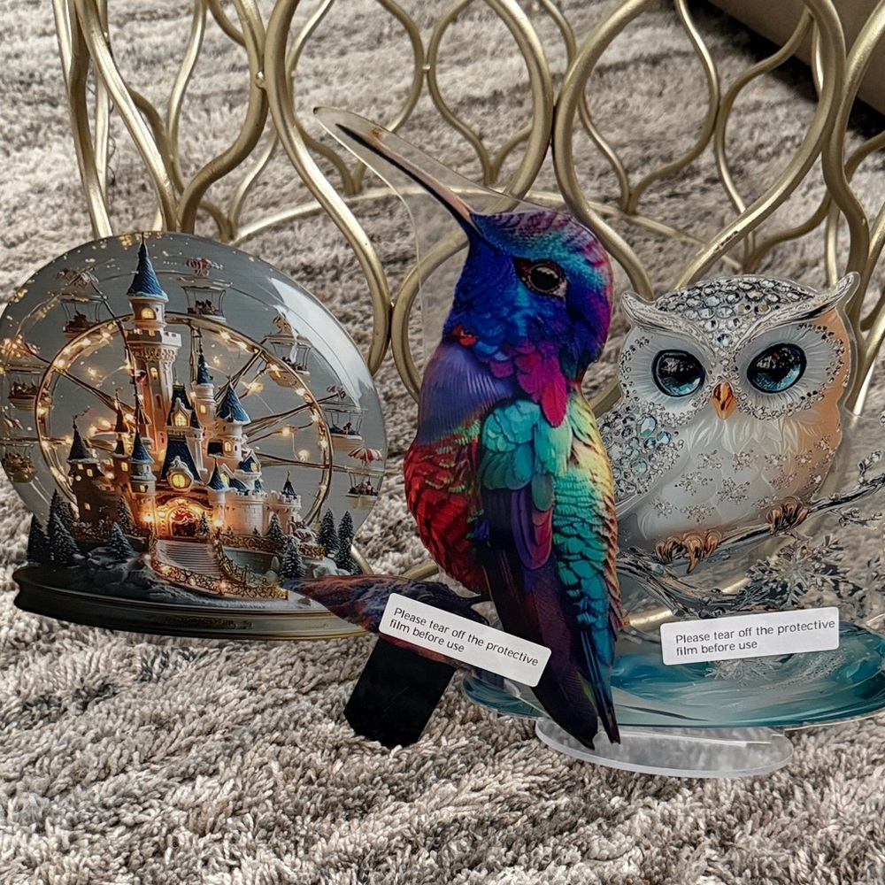 Colorful Hummingbird and Owl Figurine Set